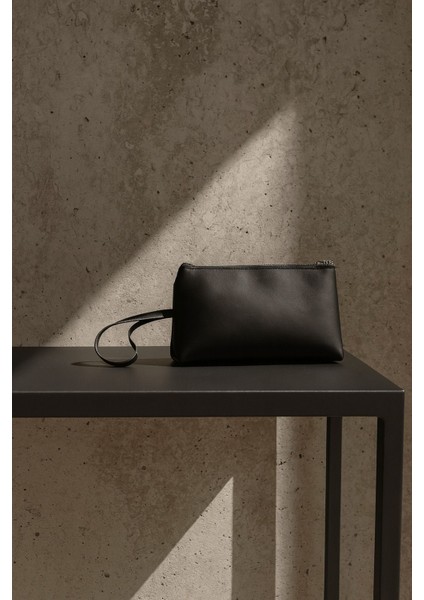 Siyah Deri Makyaj Çantası Kozmetik Seyahat Valizi Çanta Organizeri Orta Boy Düzenleyici