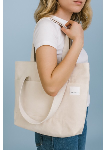 Kadın Krem El Omuz ve Plaj Çantası Kanvas Çok Amaçlı Kullanım