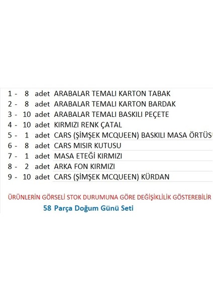 Cars, (Arabalar), Şimşek Mcqueen Tabak, Bardak, Mısır Kutusu, Peçete, Çatal, Kürdan, Fon Perde, Masa Örtüsü, Masa Eteği fiyatları