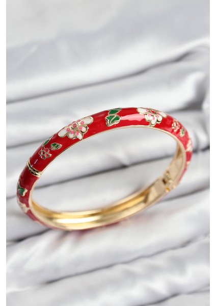 Erb Mineli Pirinç Kırmızı Çiçek Motifli Gold Kadın Kelepçe