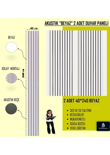 2 Adet 40X240 Beyaz Renk 3D Akustik Ahşap Duvar Paneli