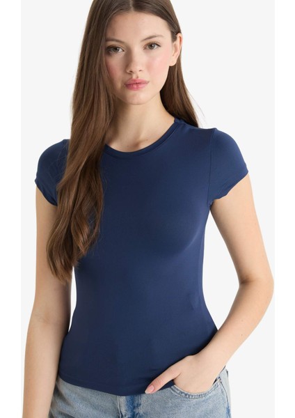 Fitted Bisiklet Yaka Basic Düz Kısa Kollu Tişört F3833AX25SM