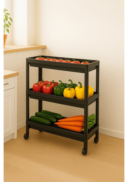 Flex Elite Pro 3 Katlı Mat Siyah Tekerlekli Çok Amaçlı Raf Ünitesi – Banyo, Mutfak & Organizer - S-81.1