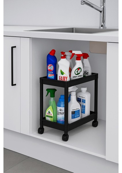 Flex Elite Pro 2 Katlı Siyah Tekerlekli Çok Amaçlı Banyo & Mutfak Düzenleyici Raf – Evye Altı Deterjanlık