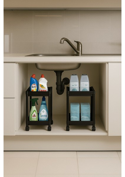 Flex Elite Pro 2 Katlı Siyah Tekerlekli Çok Amaçlı Banyo & Mutfak Düzenleyici Raf – Evye Altı Deterjanlık fiyatları