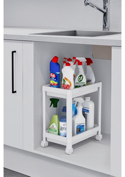 Flex Elite Pro 2 Katlı Beyaz Tekerlekli Çok Amaçlı Banyo & Mutfak Düzenleyici Raf - Evye Altı Deterjanlık