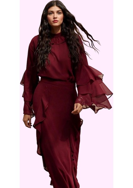 Kadın A Line Fırfır Detaylı Maxi Etek Kış Sezonu Ramadan Koleksiyonu Yaz Aylarının Vazgeçilmezi fiyatları