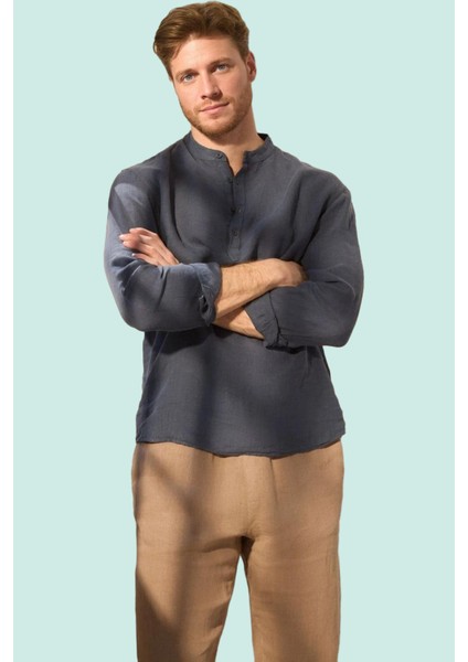 Erkek Keten Gömlek Hakim Yaka Uzun Kollu Regular Günlük Kombinler Yaz Aylarının Vazgeçilmezi fiyatları