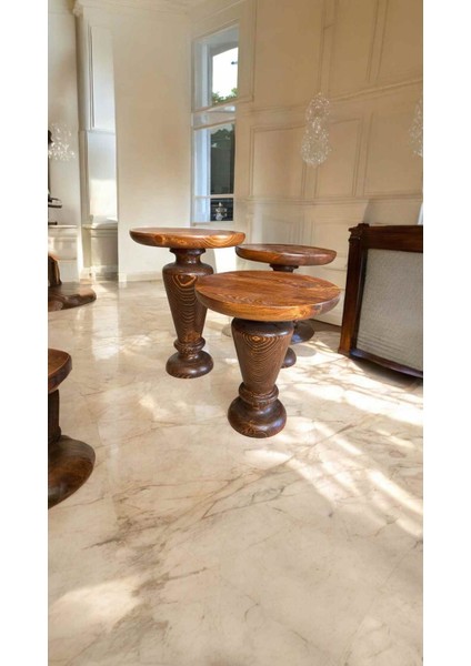 Dekoratif Ahşap Mantar Sehpa Takımı 3’lü – Açık Ceviz Yan Sehpa Seti