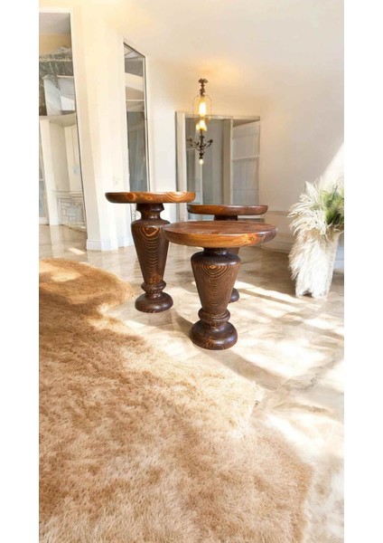 Dekoratif Ahşap Mantar Sehpa Takımı 3’lü – Açık Ceviz Yan Sehpa Seti modelleri