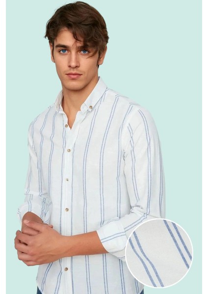 Erkek Slim Fit Ince Çizgili Gömlek Yaka Düğmeli Uzun Kollu Günlük Yaz Aylarının Vazgeçilmezi