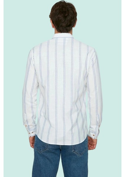 Erkek Slim Fit Ince Çizgili Gömlek Yaka Düğmeli Uzun Kollu Günlük Yaz Aylarının Vazgeçilmezi fiyatları