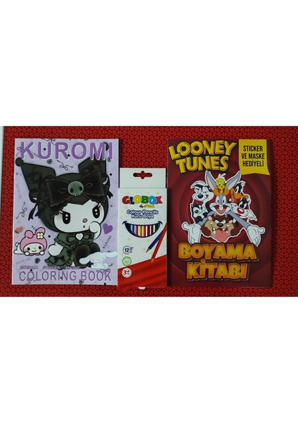 2 Adet Stickerli Boyama Kitabı ve 12 Li Kuru Boya Kalemi (Kuromi-A / Looney Tunes )