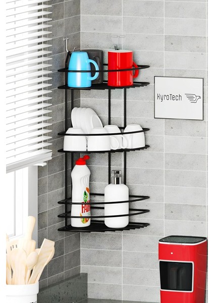 3 Katlı Metal Siyah Paslanmaz Bulaşıklık, Bulaşık Kurutmalık, Bulaşık Standı, Deterjanlık, Yapışkanlı Askı Bulaşık Süzgeci Rafı, Bulaşıklık, Çatal Bıçak Tutacağı, Mutfak Için Lavabo Süzgeci, 50 cm