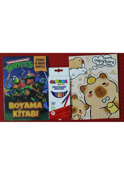 2 Adet Stickerli Boyama Kitabı ve 12 Li Kuru Boya Kalemi (Ninja Kaplumbağalar/ Capybara)