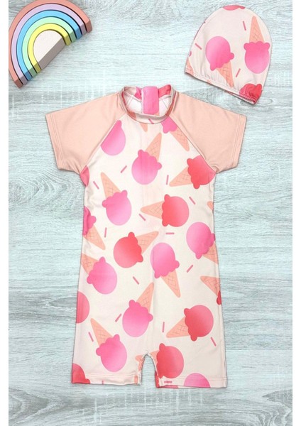 Dalgıç Kumaş Gizli Fermuarlı Boneli Karakter Desenli Kız Çocuk Mayo