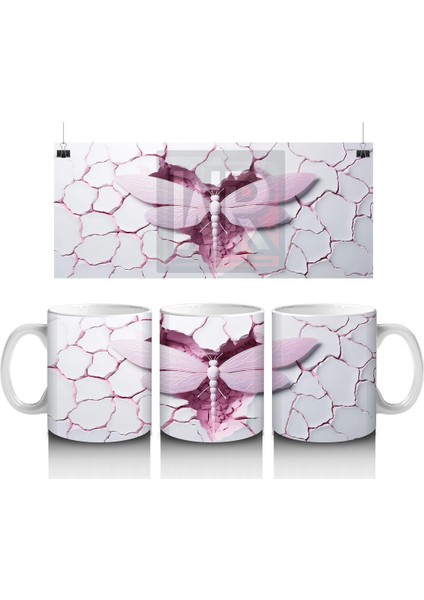 Pembe Kırık Zemin Üzerinde Detaylı Yusufçuk Kanatları - Baskılı Kahve Kupası