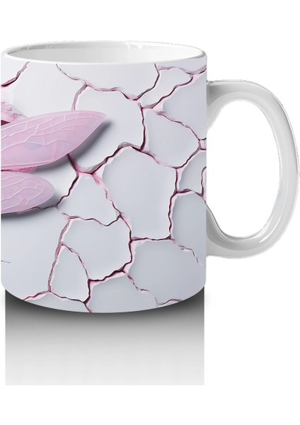 Pembe Kırık Zemin Üzerinde Detaylı Yusufçuk Kanatları - Baskılı Kahve Kupası fırsatları