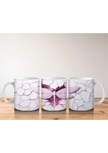 Pembe Kırık Zemin Üzerinde Detaylı Yusufçuk Kanatları - Baskılı Kahve Kupası indirimleri