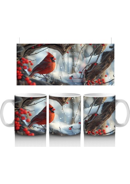 Karlı Dallarda Kardinal Kuş Çifti – Baskılı Kahve Kupası
