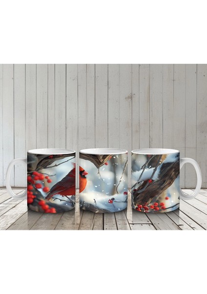 Karlı Dallarda Kardinal Kuş Çifti – Baskılı Kahve Kupası