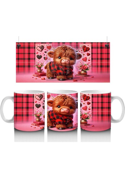 Kırmızı Kalplerle Süslenmiş Tatlı Boğa – Baskılı Kahve Kupası