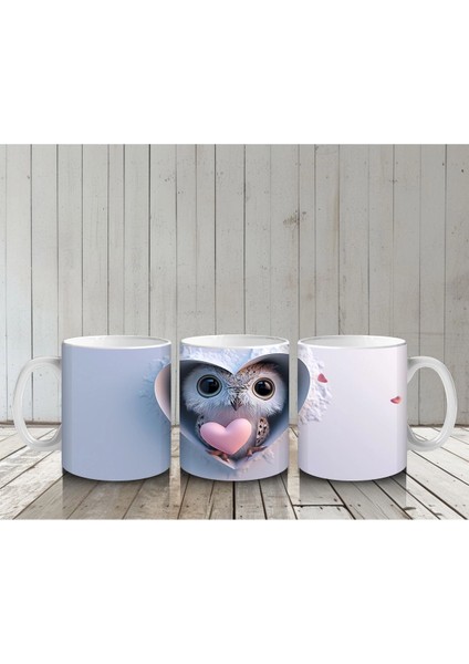 Kalp Oyukta Sarılmış Baykuş Figürü - Baskılı Kahve Kupası