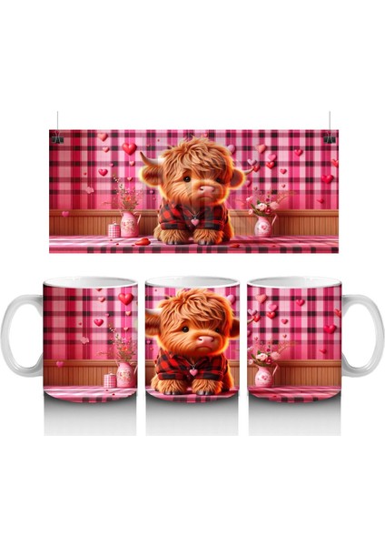 Kırmızı Çizgili Arka Planda Kalpli Kız – Baskılı Kupa