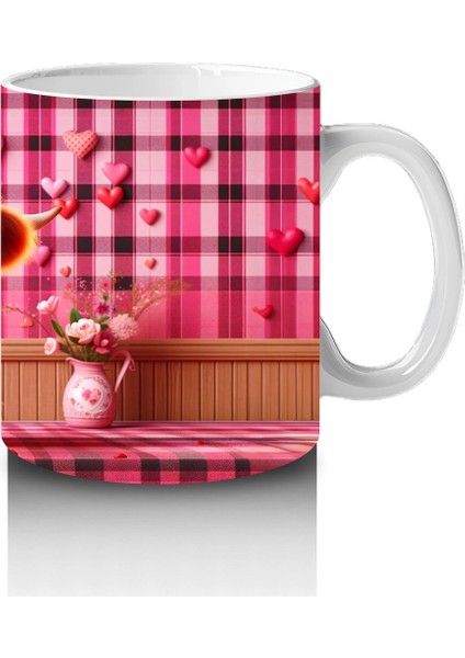 Kırmızı Çizgili Arka Planda Kalpli Kız – Baskılı Kupa fırsatları