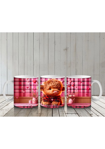 Kırmızı Çizgili Arka Planda Kalpli Kız – Baskılı Kupa