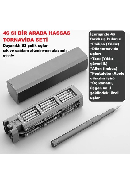 46 In 1 Hassas Tornavida Seti Manyetik Uçlu, Alüminyum Gövde, Tüm Cihazlarla Uyumlu fırsatları
