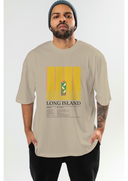 Long Island Kokteyl Serisi Ön Baskılı Oversize T-Shirt Erkek Kadın %100 Pamuk Bisiklet Yaka Tişort