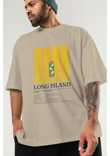 Long Island Kokteyl Serisi Ön Baskılı Oversize T-Shirt Erkek Kadın %100 Pamuk Bisiklet Yaka Tişort modelleri