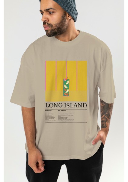 Long Island Kokteyl Serisi Ön Baskılı Oversize T-Shirt Erkek Kadın %100 Pamuk Bisiklet Yaka Tişort