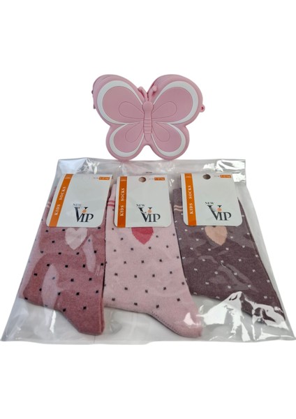 Kız Çocuk Mini Kelebek Pembe Renk Figürlü Çanta Model Vip 3 Renk Çorap 4 Lü Set