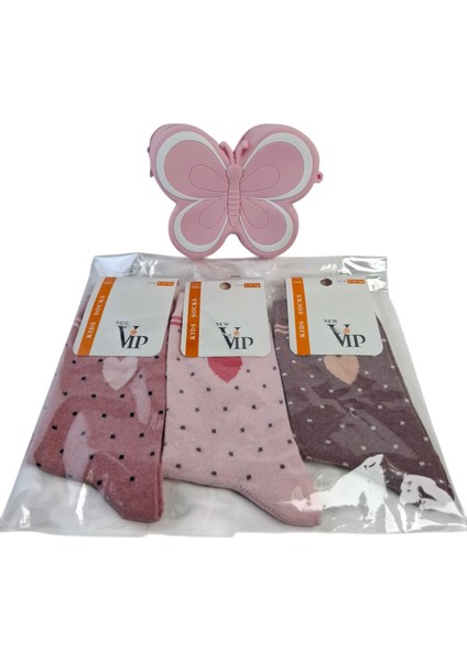 Kız Çocuk Mini Kelebek Pembe Renk Figürlü Çanta Model Vip 3 Renk Çorap 4 Lü Set modelleri