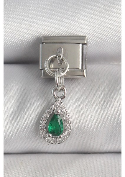 316L Çelik Gümüş Renk Sallantı Yeşil Zirkon Taşlı Damla Model Nomination Charm