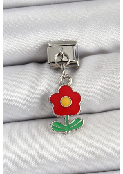 316L Çelik Sallantılı Kırmızı Papatya Model Gümüş Renk Nomination Charm