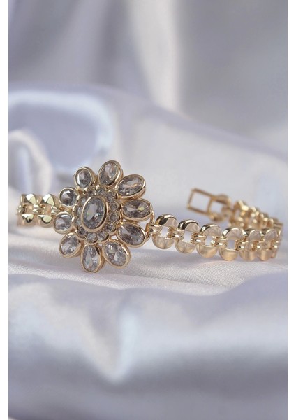 Pirinç Gold Renk Iri Zirkon Taşlı Çiçek Figürlü Bileklik fiyatları