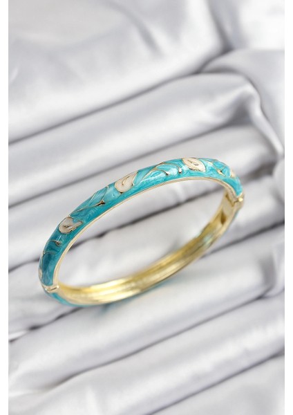 Mineli Pirinç Krem ve Turkuaz Yaprak Motifli Gold Renk Kadın Kelepçe