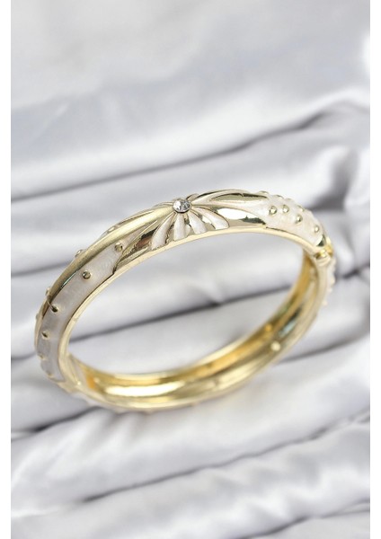 Mineli Pirinç Zirkon Taşlı Bej Desen Motifli Gold Kadın Kelepçe