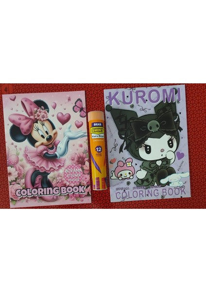 2 Adet Stickerli Boyama Kitabı ve 12 Li Tüp Kuru Boya Kalemi (Minnie/kuromi-A )