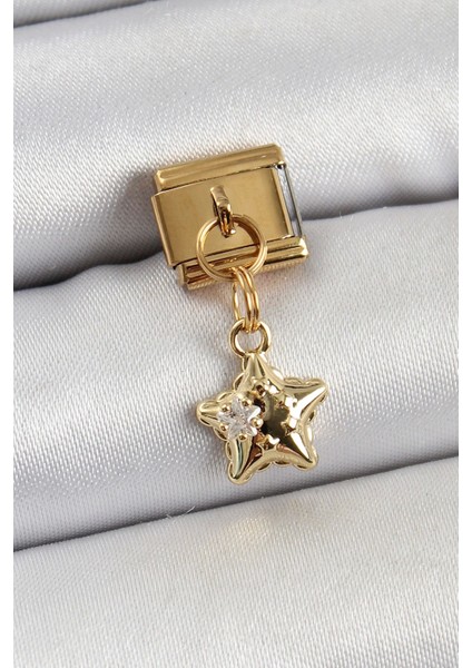 316L Çelik Sallantılı Zirkon Taşlı Yıldız Model Gold Renk Nomination Charm