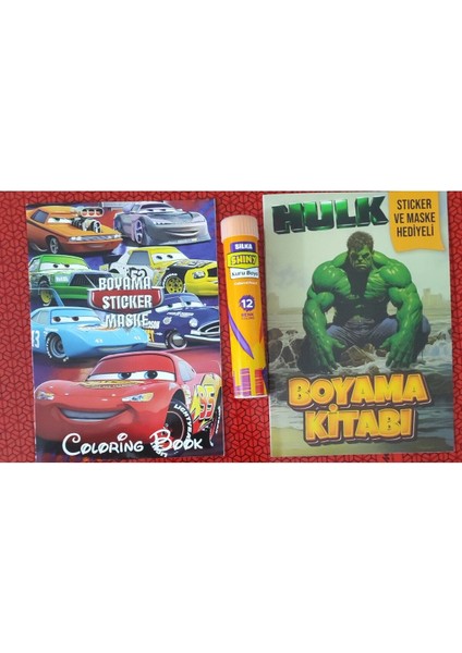 2 Adet Stickerli Boyama Kitabı ve 12 Li Tüp Kuru Boya Kalemi (Arabalar/hulk )