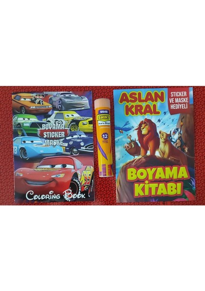 2 Adet Stickerli Boyama Kitabı ve 12 Li Tüp Kuru Boya Kalemi (Arabalar/aslan Kral )