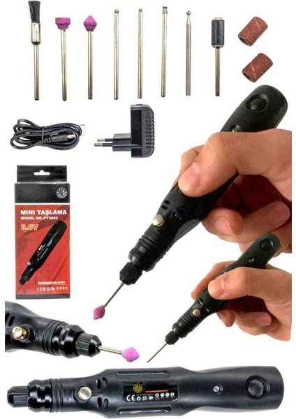 İyisi Yok Şarjlı Mini Taşlama Gravür Dremel Avuç Içi Makinası Devir Ayarlı 13 Parça Uç Setli Taşlama