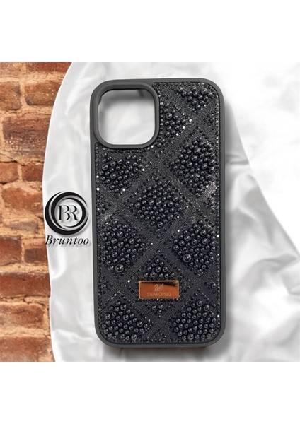 Apple iphone 15 Taşlarla Süslenmiş Kılıf Inci Boncuk Plaid Kapak .