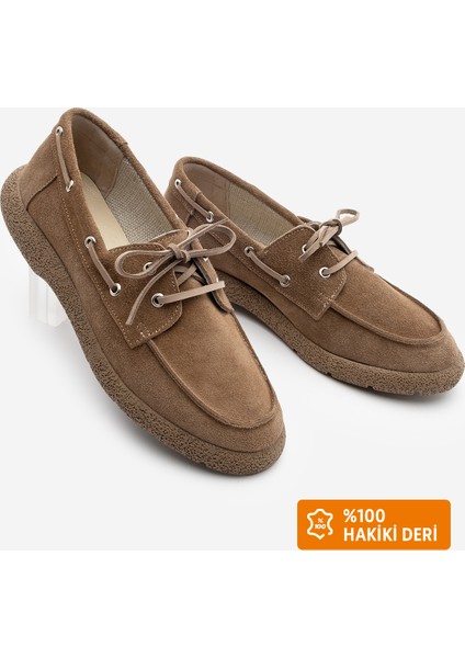 Kadın Hakiki Deri Bağlamalı Loafer Günlük Ayakkabı Enita Camel Süet