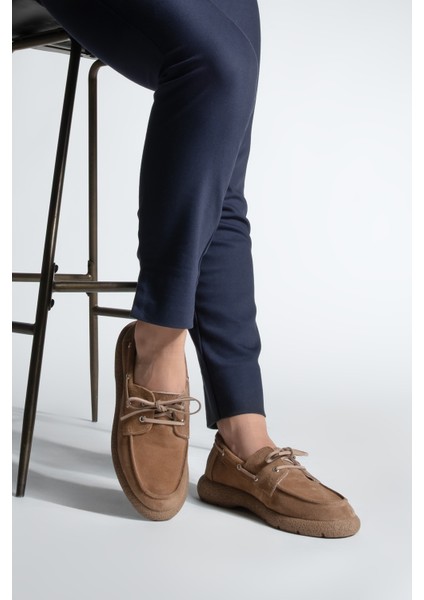 Kadın Hakiki Deri Bağlamalı Loafer Günlük Ayakkabı Enita Camel Süet