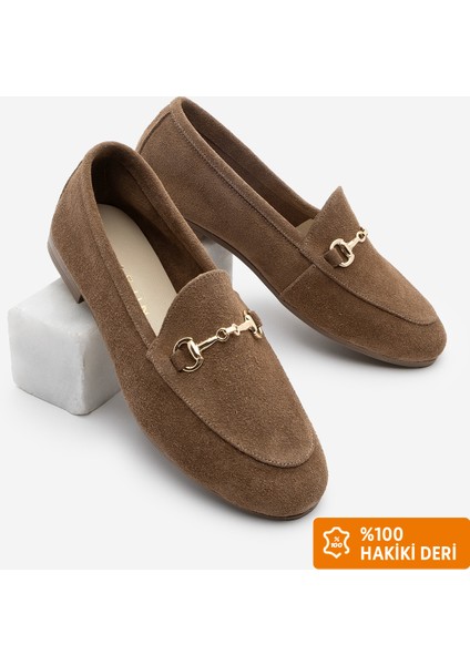 Kadın Hakiki Deri Zincirli Loafer Günlük Ayakkabı Tanle Taba Süet